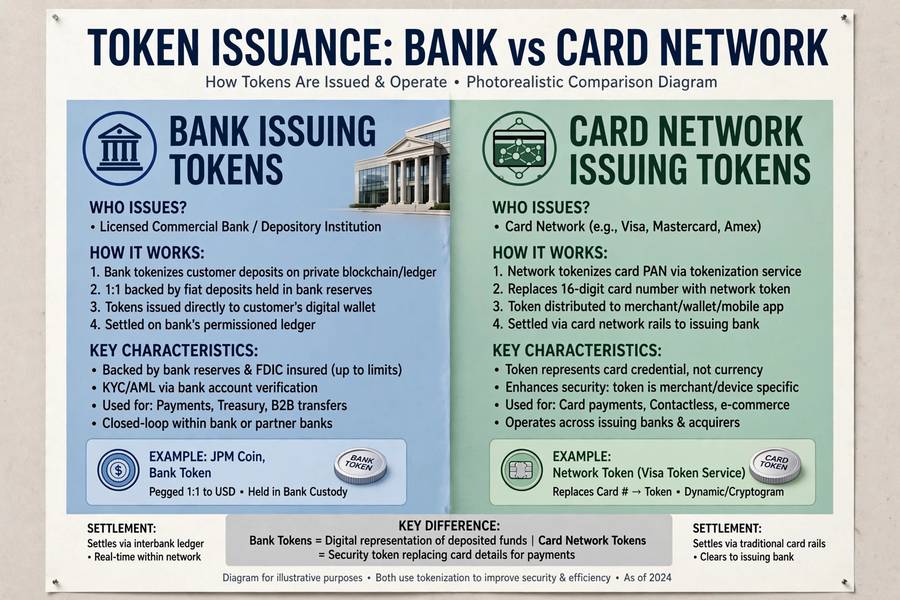 Split diagram comparing bank-issued versus network-issued payment tokens