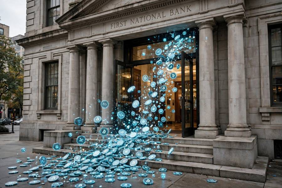 A bank building with digital payment tokens flowing out