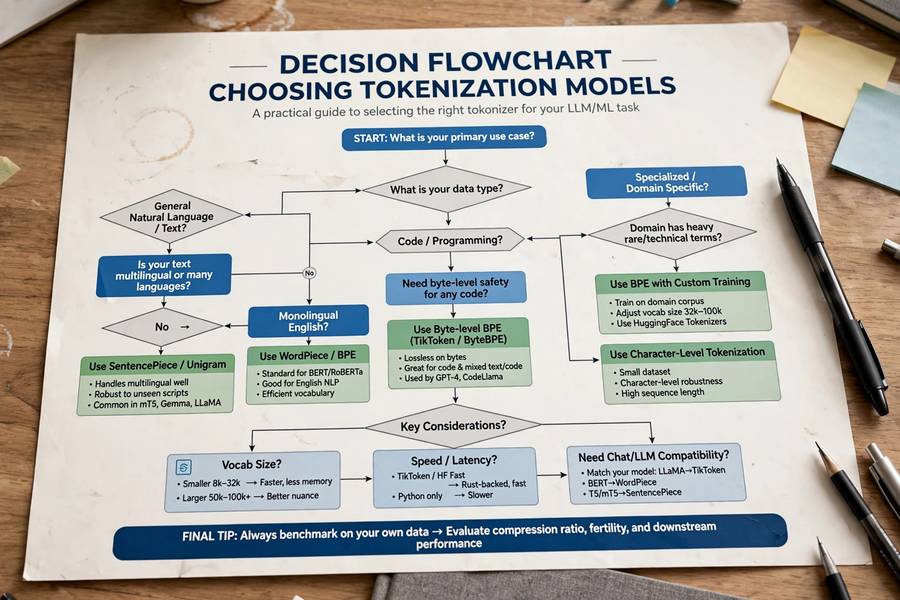 A decision flowchart for choosing between tokenization models