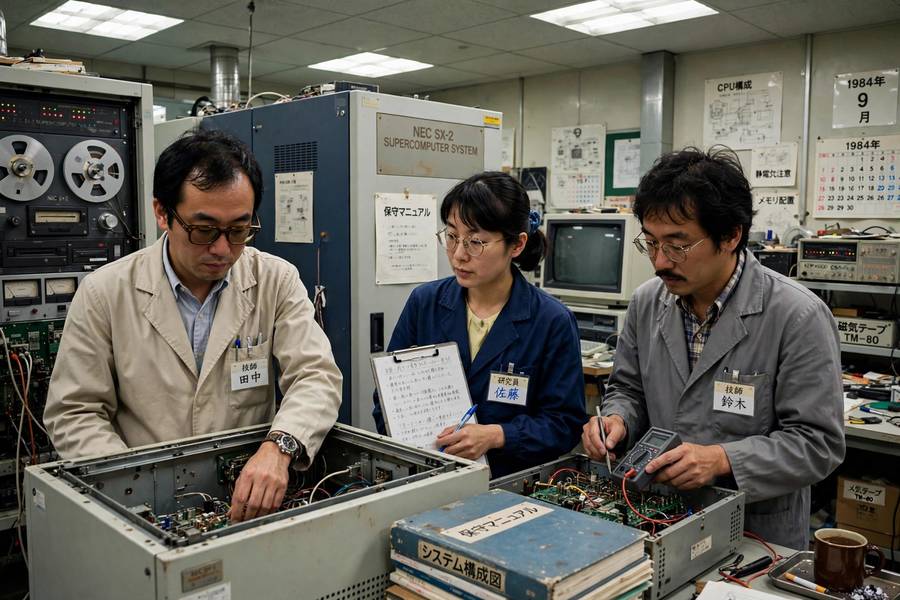 Japanese engineers working on Fifth Generation computer prototypes in the 1980s