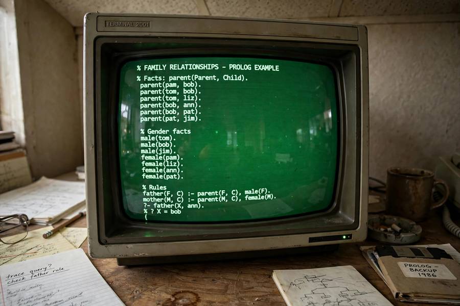 A terminal displaying Prolog logic programming code