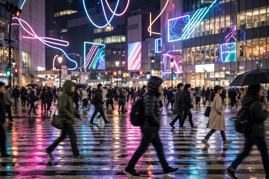 Tokyo Shibuya crossing at night with neon lights