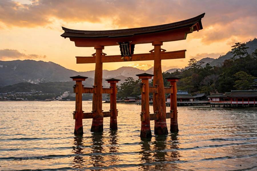 Miyajima floating torii gate at high tide sunset