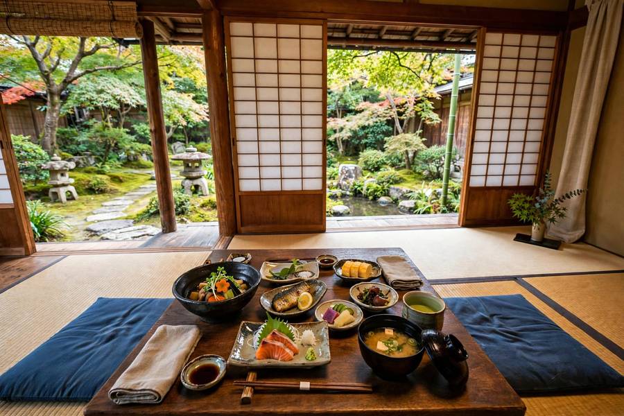 Ryokan room with kaiseki dinner and garden view