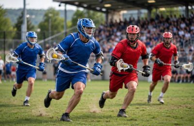 Men's lacrosse game action on the field with players and sticks — featured image for lacrosse penalties explained