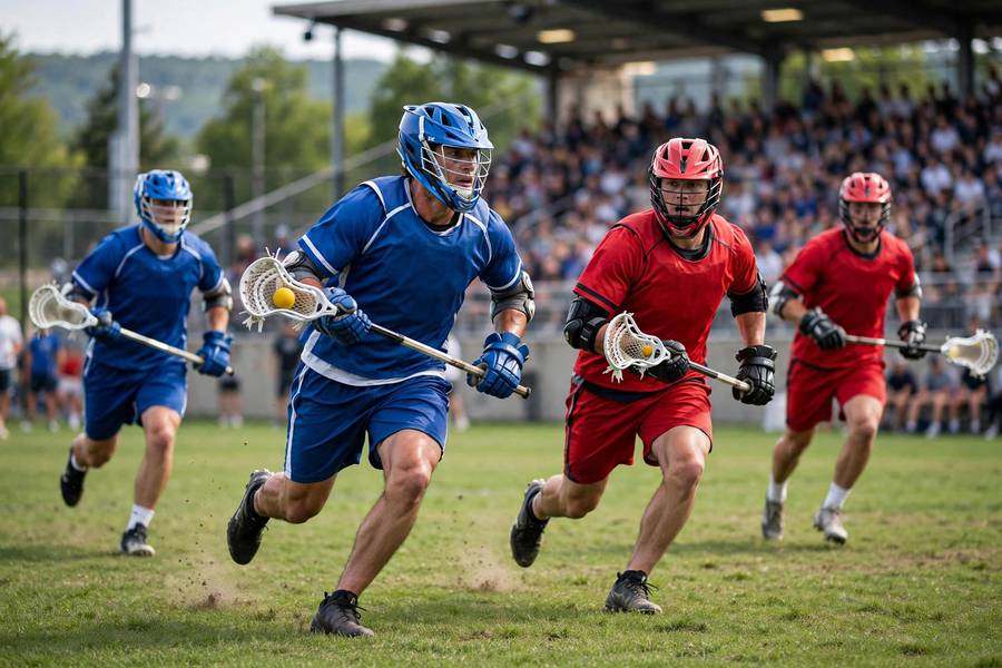 Men's lacrosse game action on the field with players and sticks — featured image for lacrosse penalties explained