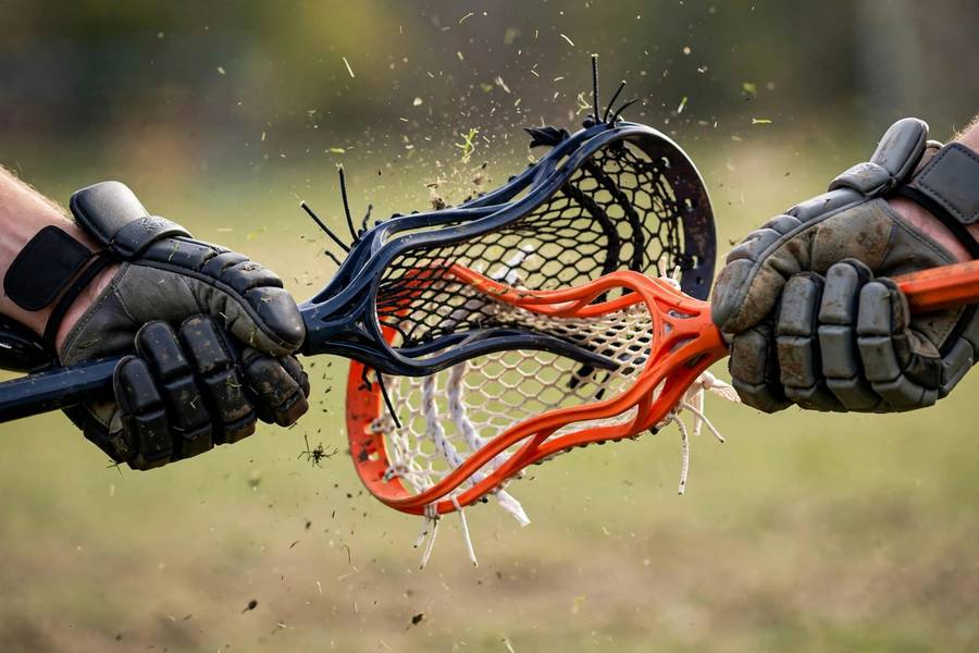 Close-up of two lacrosse sticks clashing during a check, the kind of play that draws a slashing penalty