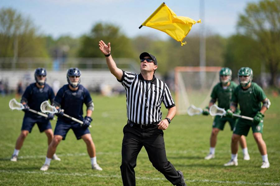 Lacrosse referee in a striped shirt throwing a penalty flag on the field to signal a foul