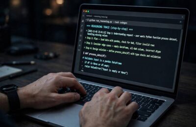 Developer running a LangChain agent with a visible reasoning trace on screen