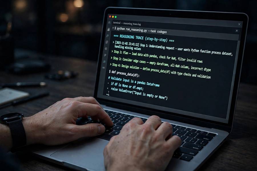 Developer running a LangChain agent with a visible reasoning trace on screen