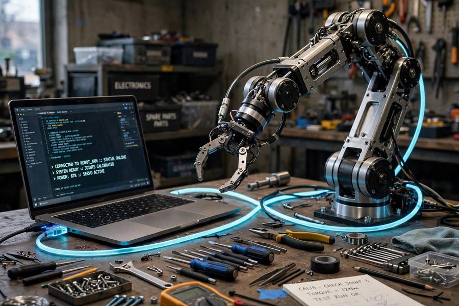 Robot metaphor for a LangChain agent connecting to tools through code