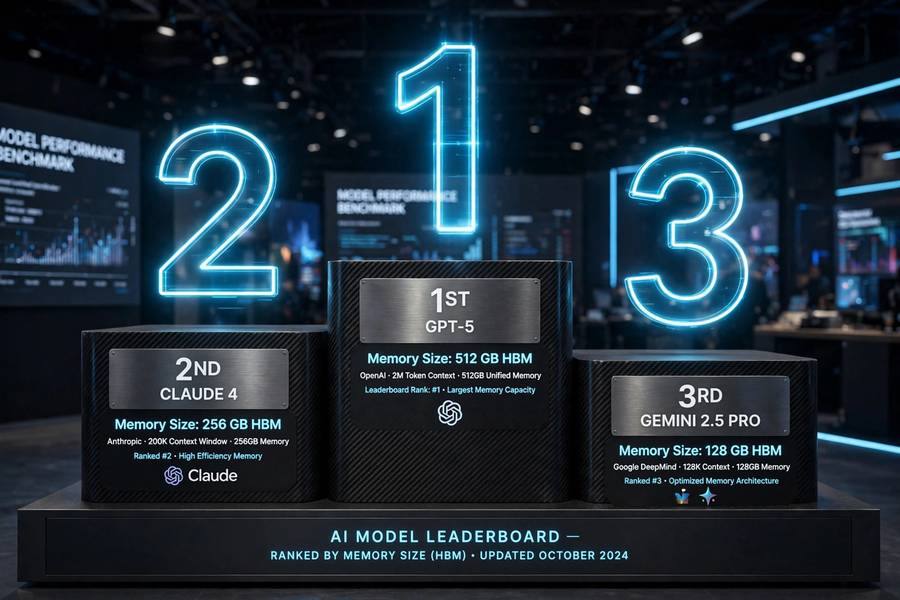 A leaderboard podium ranking AI models by context window memory size