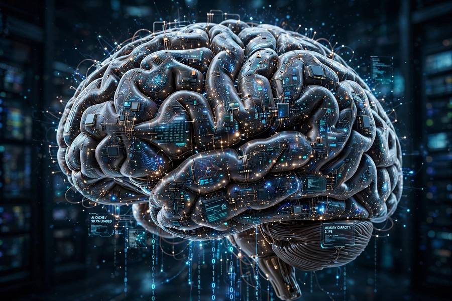 An enormous brain made of glowing data representing massive AI memory