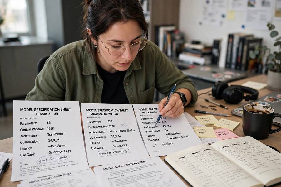 A researcher comparing AI model specification sheets spread on a desk