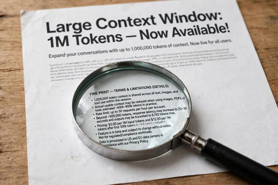 A magnifying glass revealing fine print behind a large context window claim