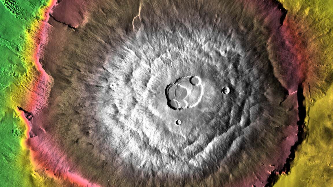 Elevation map of Olympus Mons with colours showing height, the white summit rising far above the surrounding plains of Mars