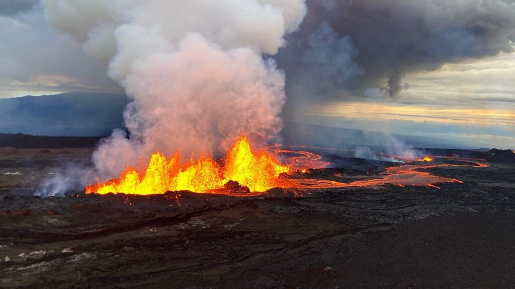 Lava fountains erupting from a fissure on Mauna Loa, Hawaii, during the 2022 eruption