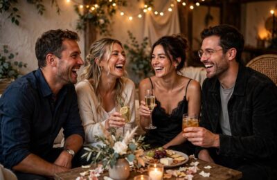 Friends celebrating at a wedding after-party