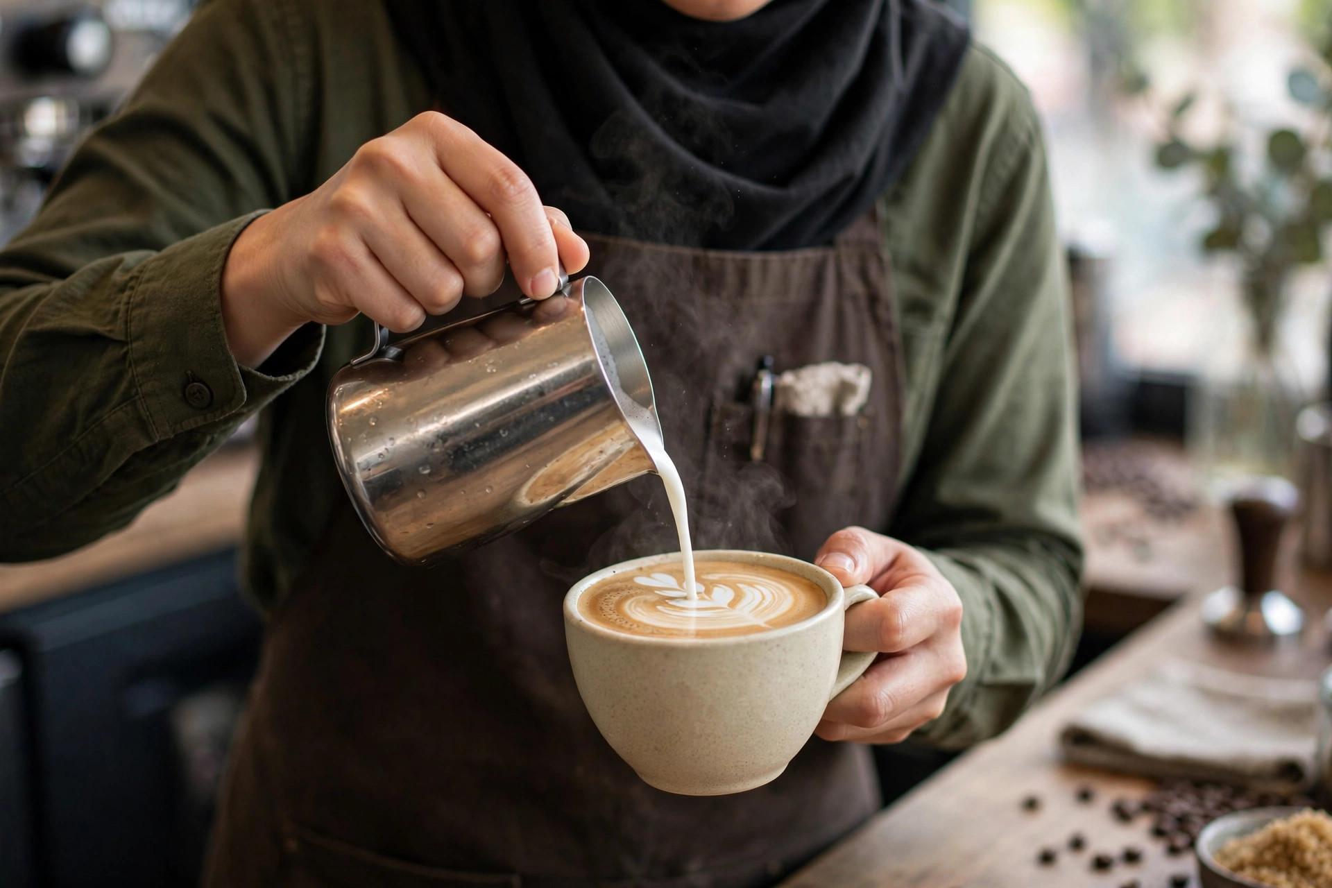Barista pouring steamed milk into a latte cup