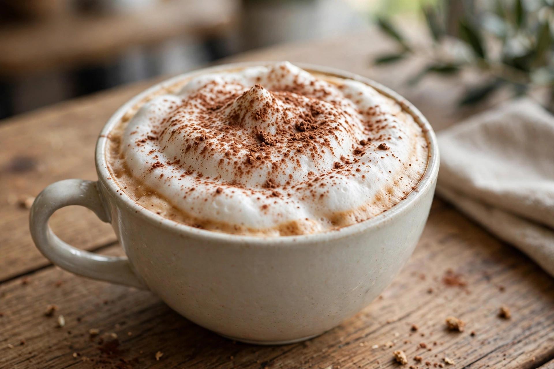 Close-up of thick cappuccino foam with cocoa dusting