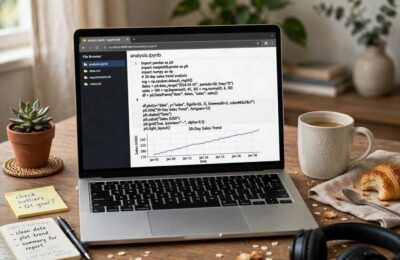 A Jupyter notebook with Python code and a data chart
