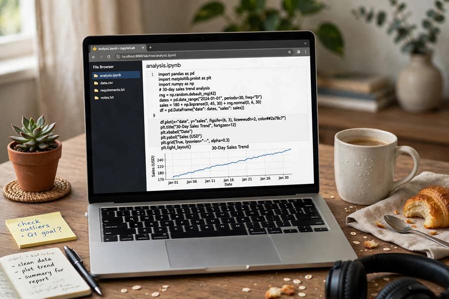 A Jupyter notebook with Python code and a data chart