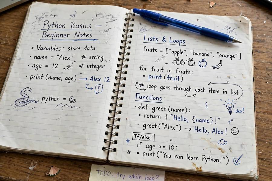 Handwritten Python learning notes in a notebook