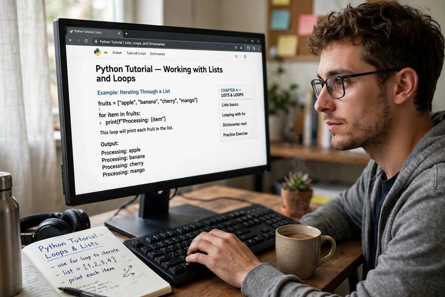 A learner following a Python tutorial on screen