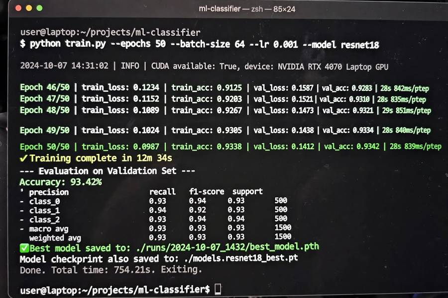 A terminal showing a trained machine learning model result