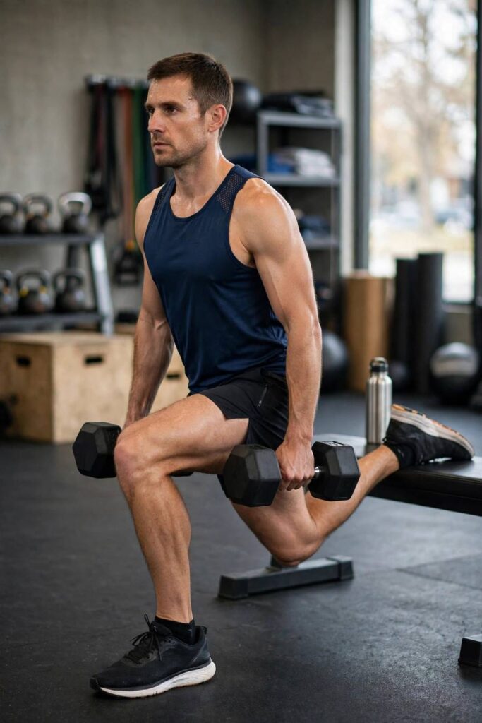 Runner doing Bulgarian split squat in a gym