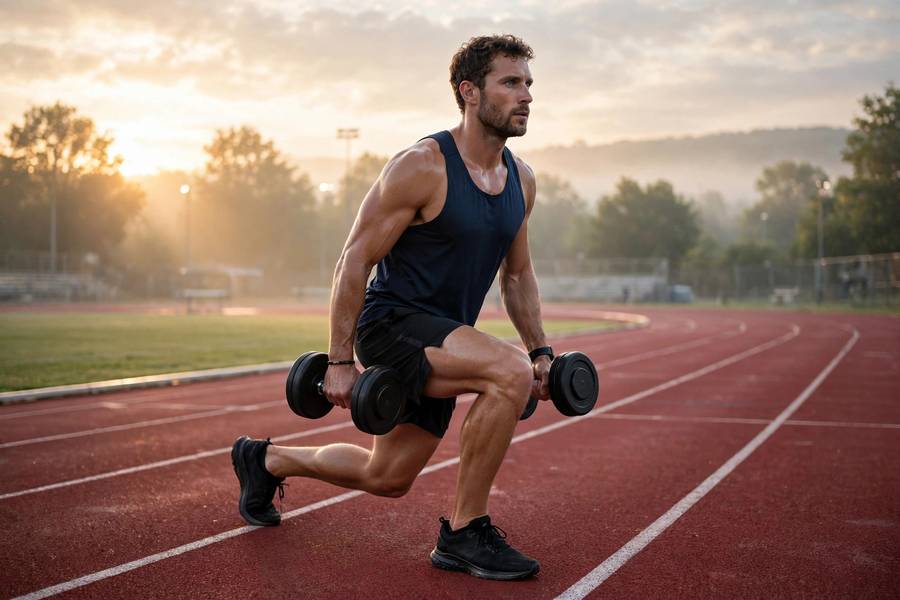 Athlete performing Romanian deadlift with dumbbells