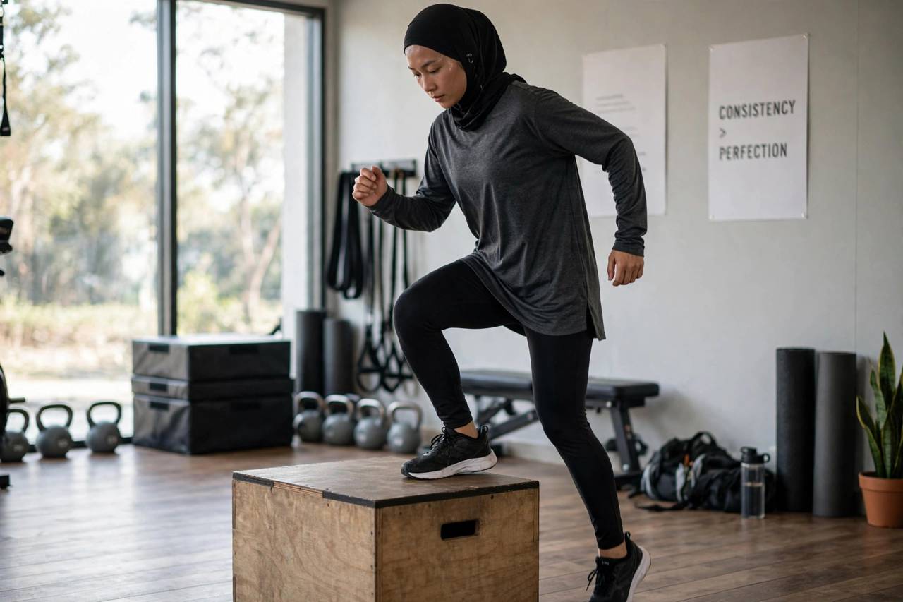 Runner doing step-ups onto a plyo box