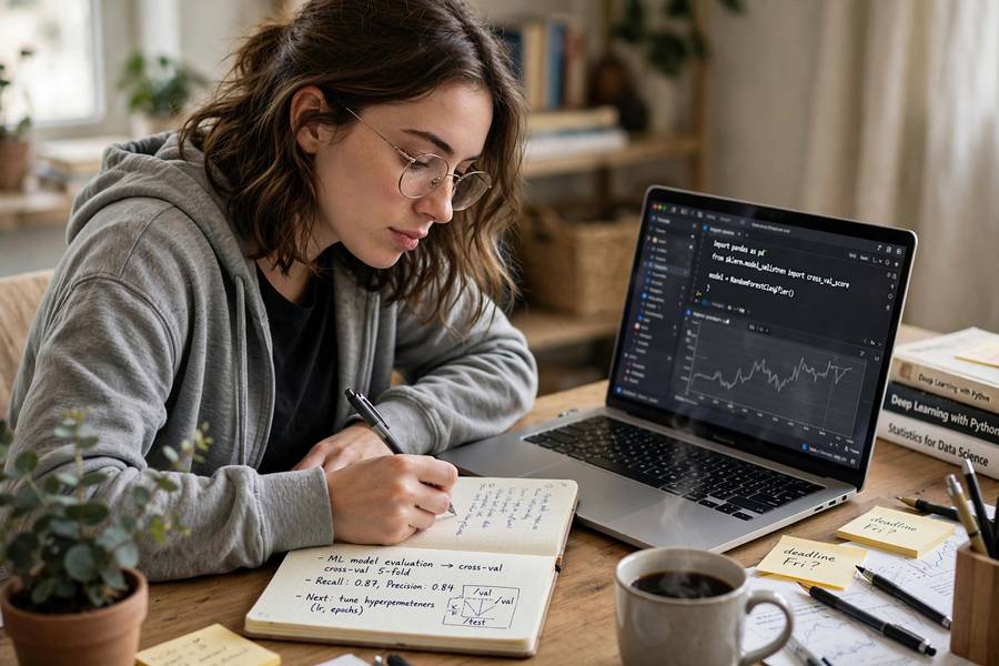 Studying lessons from the AI winter with notes and a laptop