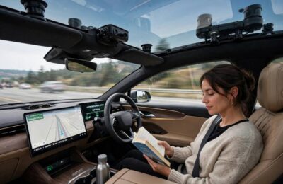 Driver reading a book in a Level 3 autonomy car while the vehicle drives itself