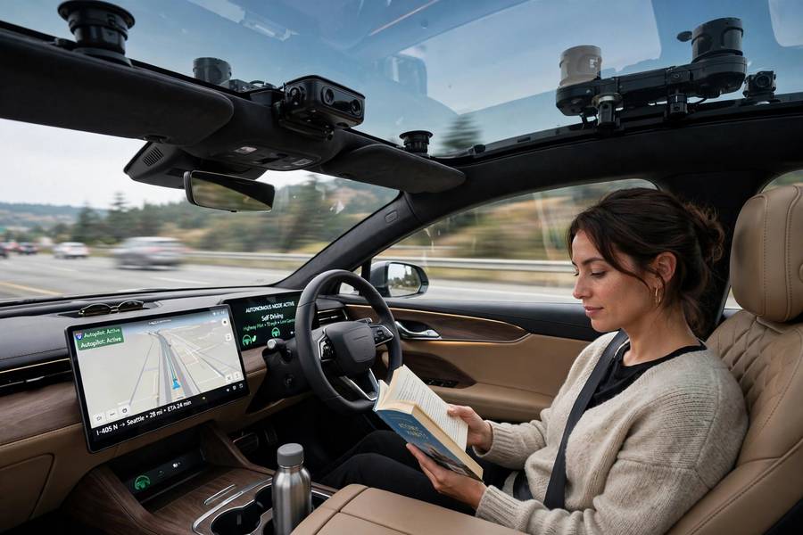 Driver reading a book in a Level 3 autonomy car while the vehicle drives itself
