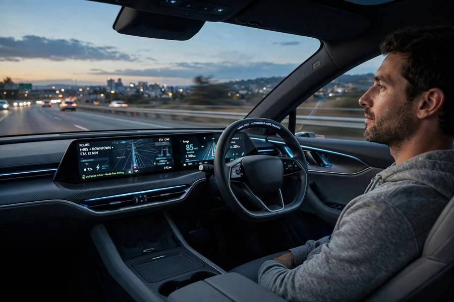 Driver with hands off the wheel illustrating levels of autonomy in self-driving cars