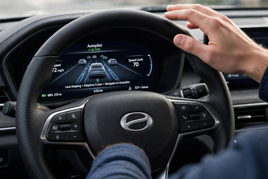 Hands hovering near the steering wheel showing Level 2 partial automation