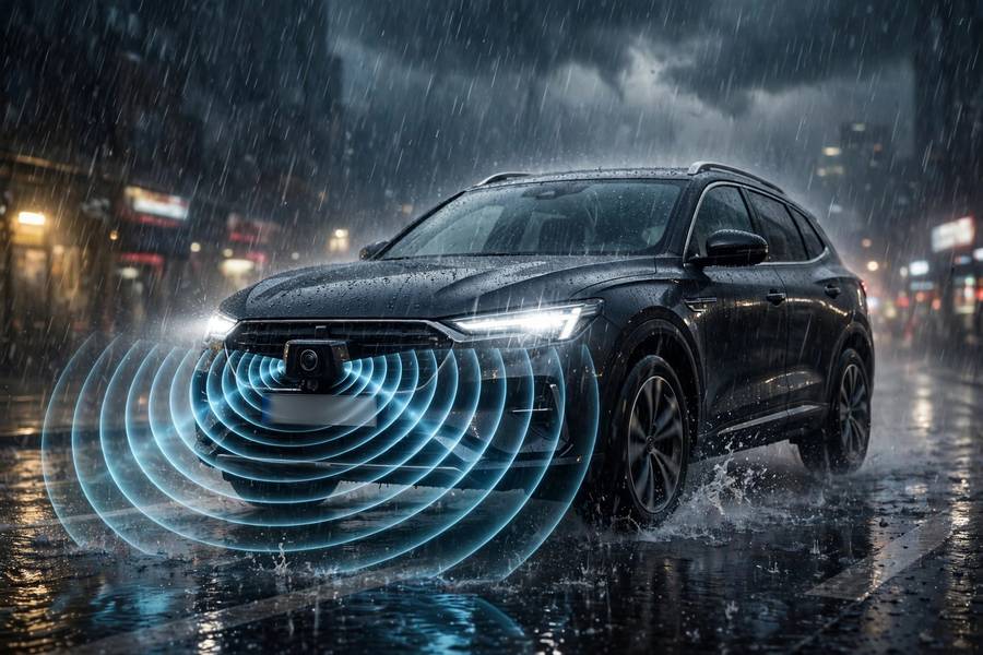 Car in heavy rain showing radar waves in LiDAR vs radar weather test