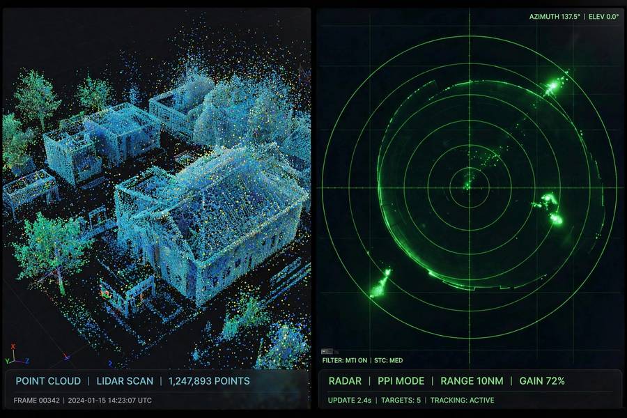 Split screen of LiDAR point cloud and radar display for LiDAR vs radar