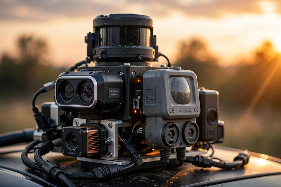 Autonomous vehicle sensor array at sunset illustrating LiDAR vs radar
