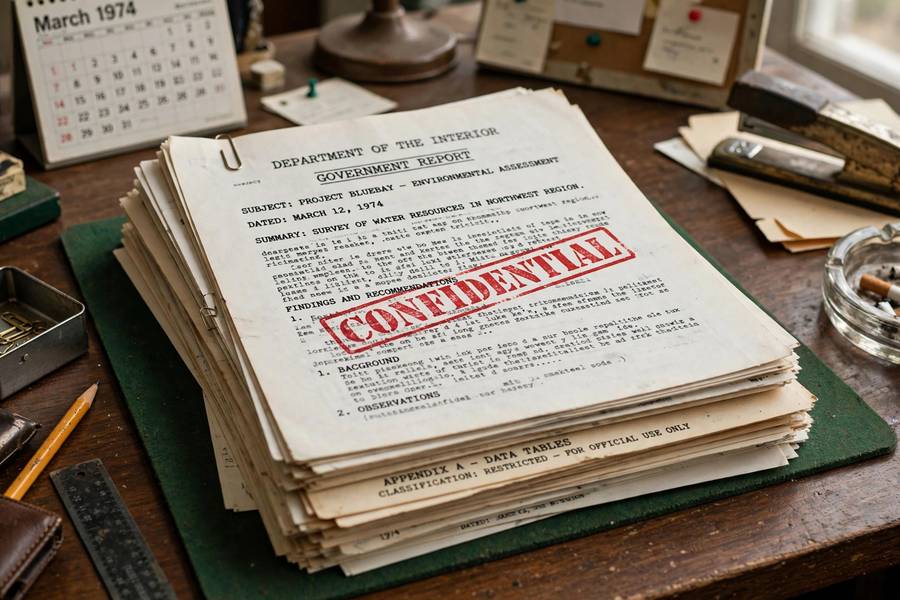 A stack of government reports on a 1970s desk