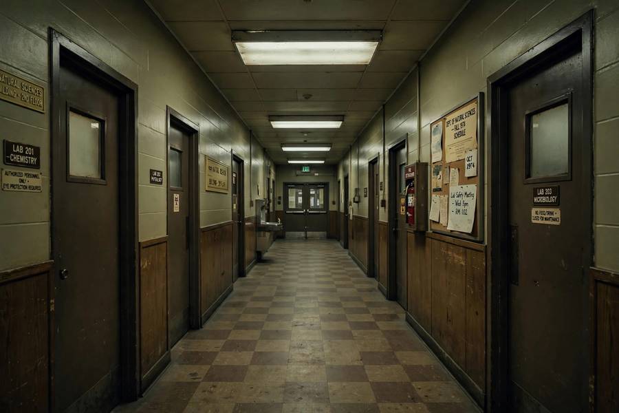 A quiet university corridor after research funding was cut