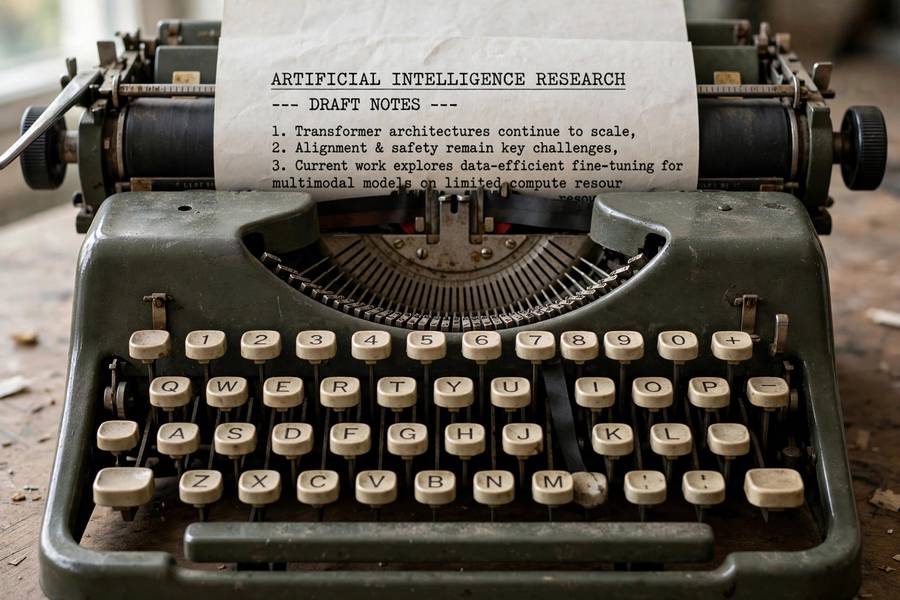 A typewriter with a half-finished page on AI research