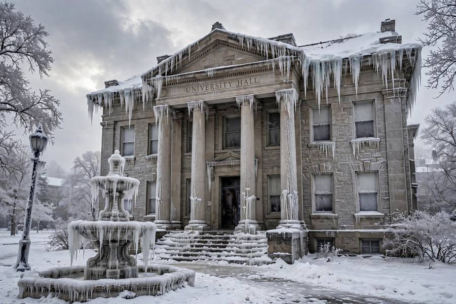 A frozen university building symbolizing the AI winter the Lighthill report triggered