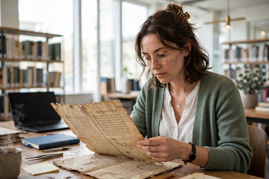 A modern researcher studying the Lighthill report's lessons in a library