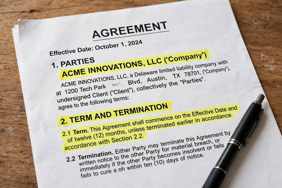 LLC operating agreement template sections highlighted for review