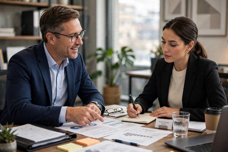 Advisor explaining LLC operating agreement template to client