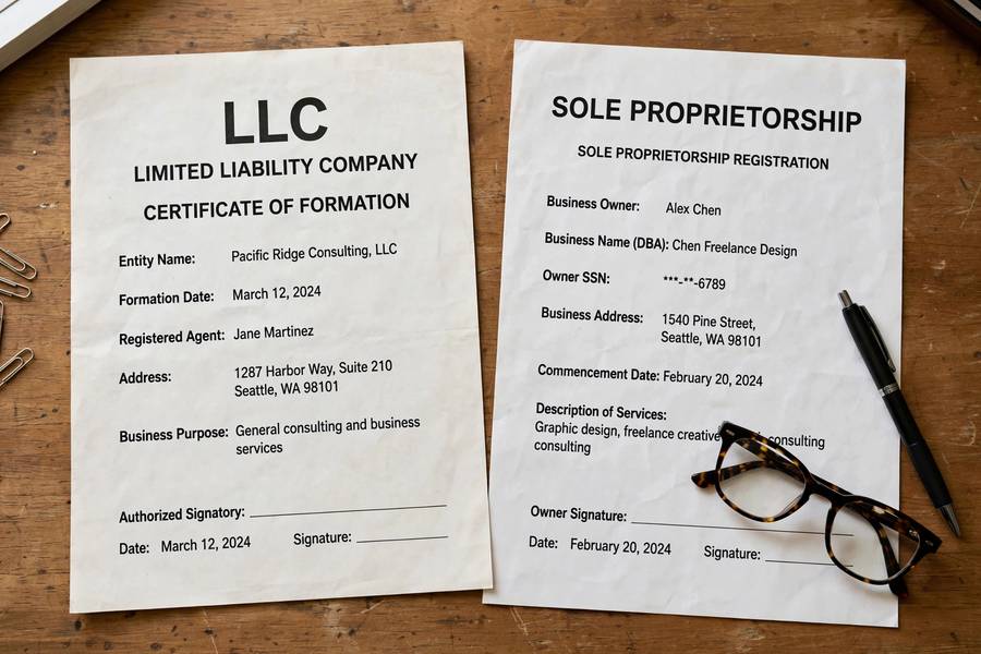 LLC vs sole proprietorship documents compared side by side
