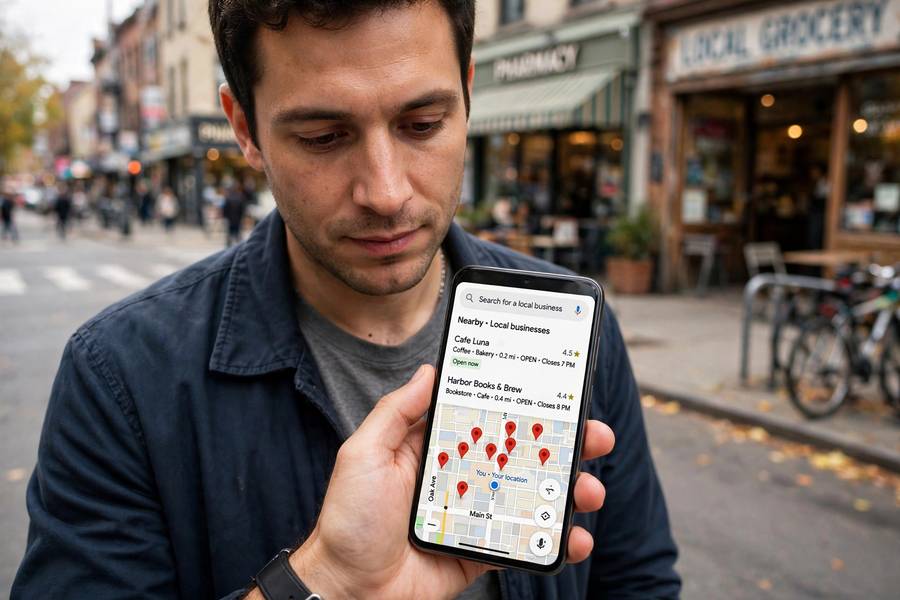 Searching for nearby businesses on a phone, why local SEO tips for small business matter