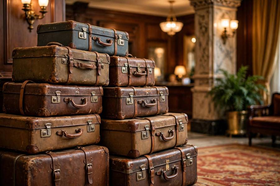 Vintage suitcases stacked in hotel lobby, long journey concept, warm lighting, photorealistic